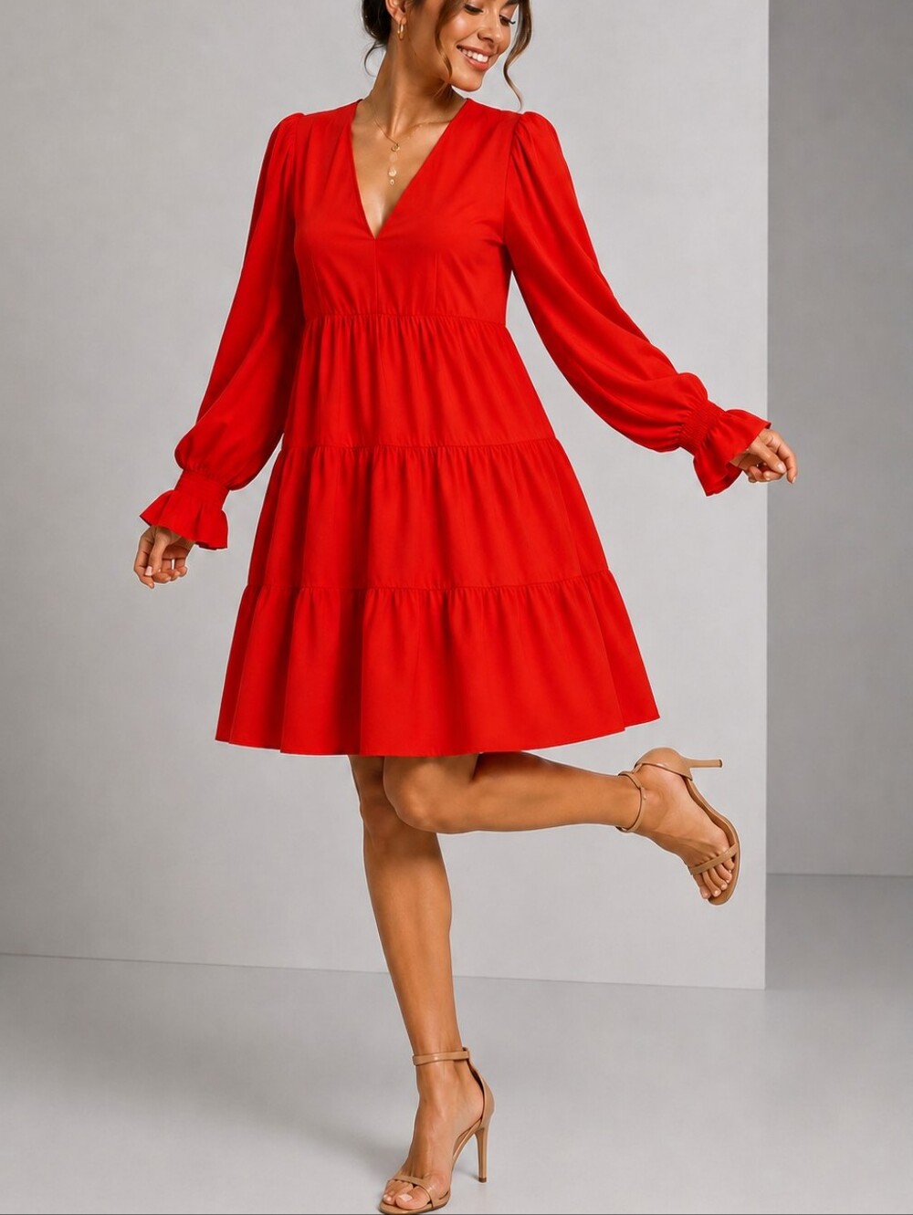Adrianna Papell Tiered Babydoll Red V-Neckline Long Sleeve Dress Women Size 10